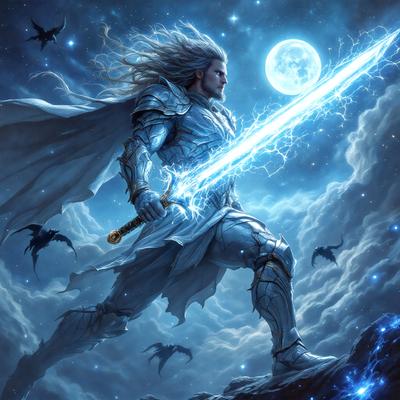 Primary subject: A man holding a sword.

Setting/background: The man is standing on a rocky surface, with a moon in the background.

Visual style: The image is a digital art illustration.

Colors and mood: The image has a blue and purple color scheme, giving it a mystical and magical atmosphere.